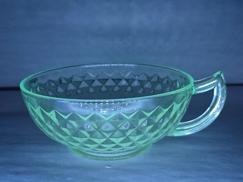 Vintage Uranium Glass Cream Soup Cup Bowl Handle Diamond Pattern Glows Under UV