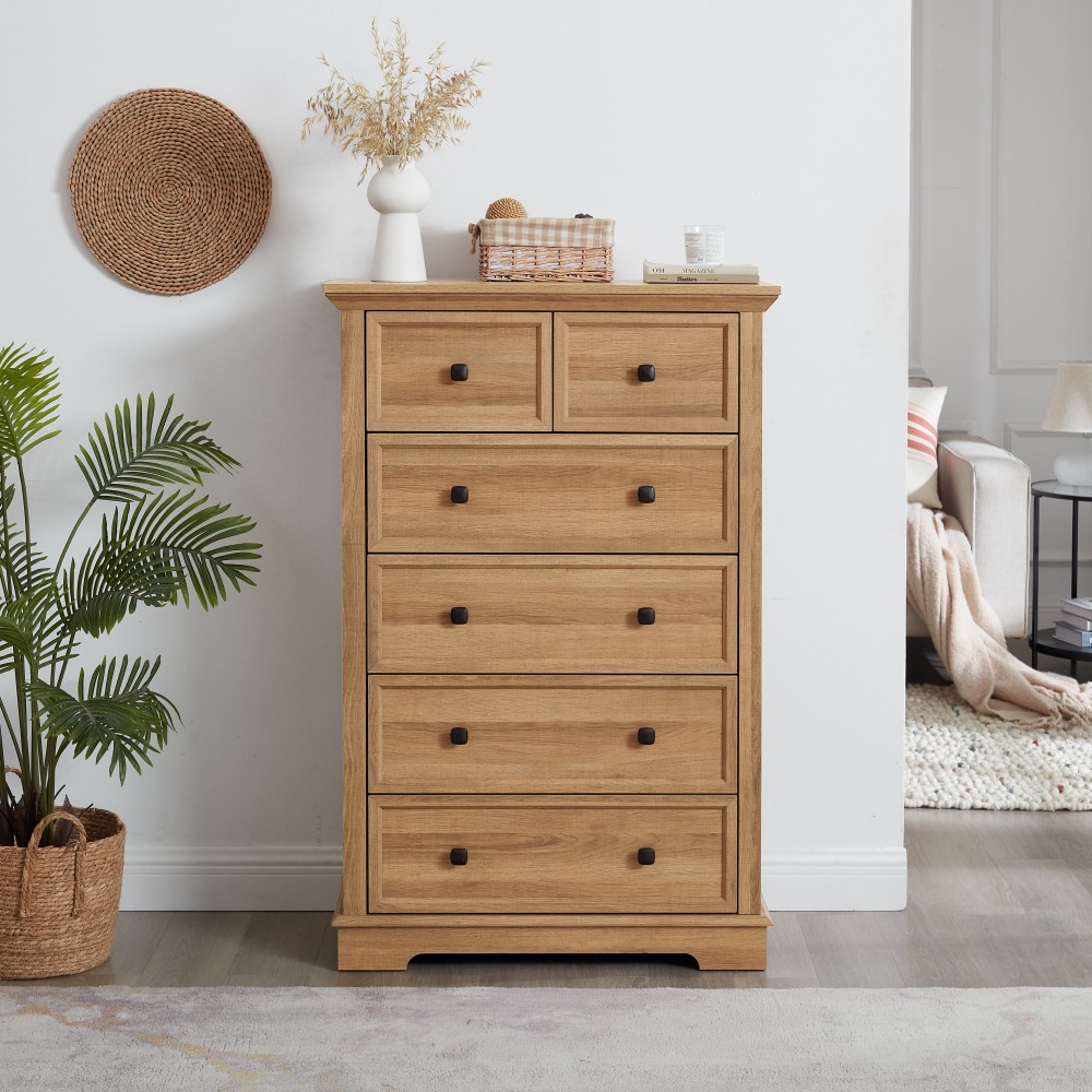 6 Drawer Oak MDF Dresser Tall Chest of Drawers Modern Farmho