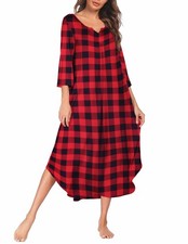 Ekouaer Plus Size V Neck Maxi Nightgown 3/4 Sleeve Loungewear Red Plaid 4X