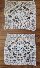 Vtg Handmade crocheted White cotton doily Set of two. Rose pattern. 12" 12"