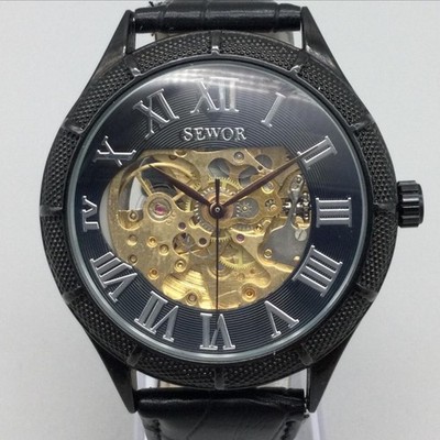 Sewor Mens Watch 45mm Gold Tone Skeleton Dial Roman Black Leather Automatic
