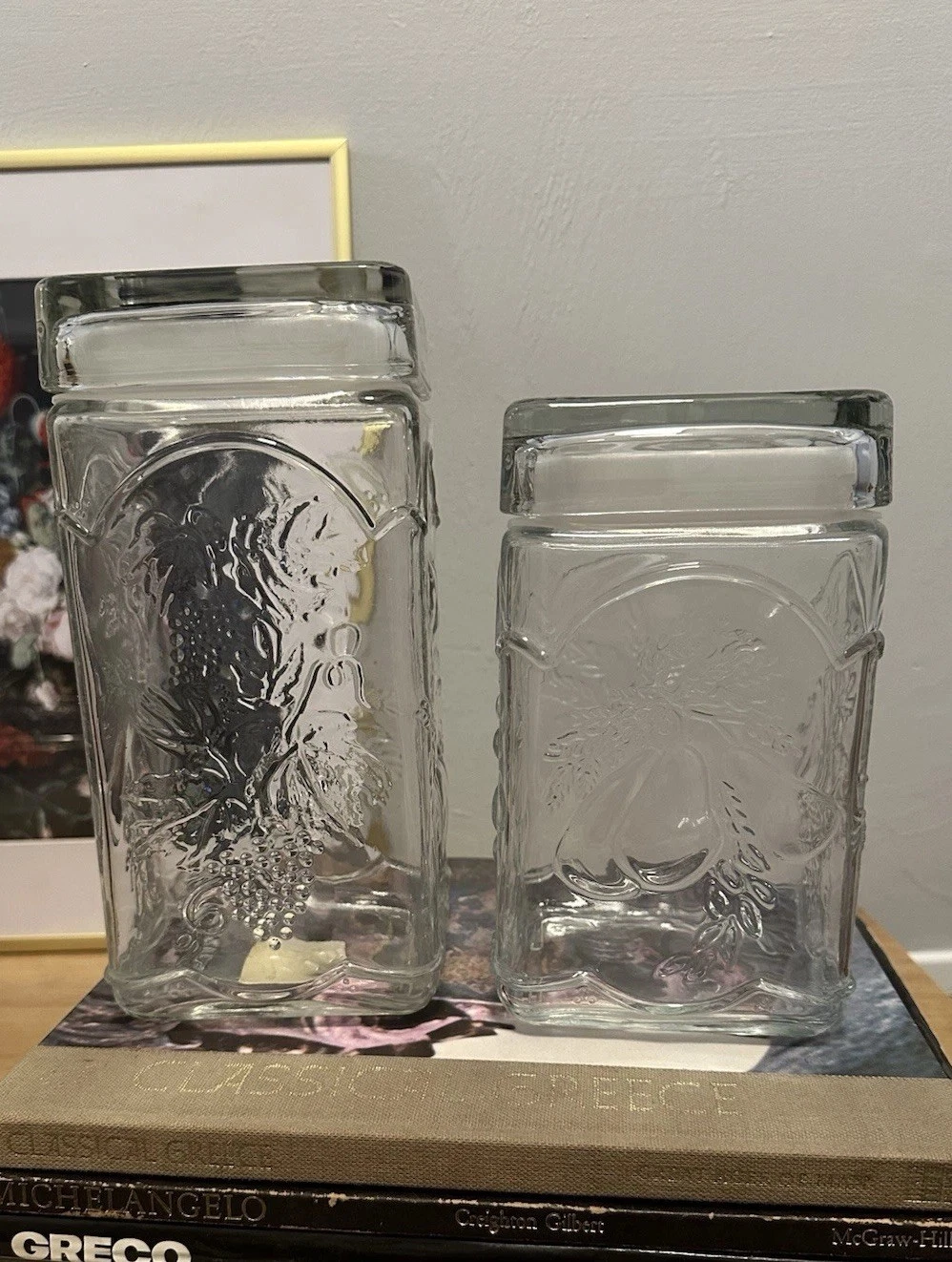 2 Vintage Libbey Glass Embossed Fruit Jars Canisters Airtight Lids Large & Small