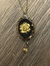 Vtg Black Glass Cameo Pendant Necklace Gold Rose Detail Crystal Dangle, 18