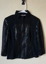 St. John Evening Black Sequin Zip Jacket Size 6 Wool Blend Mock Neck 3/4 Sleeve