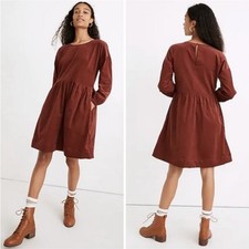 Madewell sz S Brick Red Corduroy Relaxed Mini Dress 100% Cotton Flare Skirt