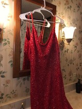 Scala L Silk Beaded Maxi Dress Red Cowl neck w/ leg slits formal prom bridesmaid