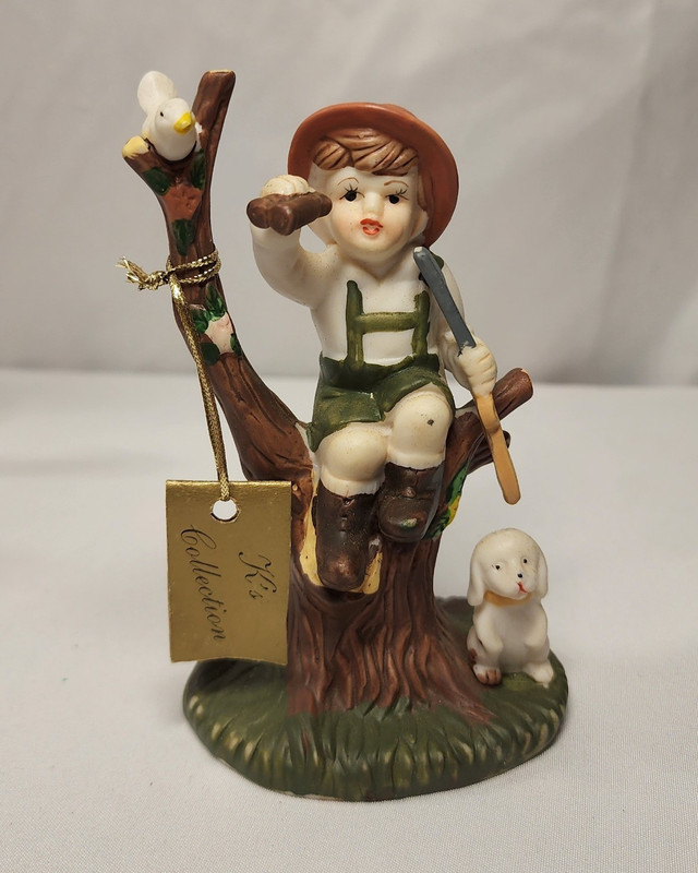 K's Collection Ceramic Boy Sitting in Tree Figurine with Dog & Bird 5 in 1990s
