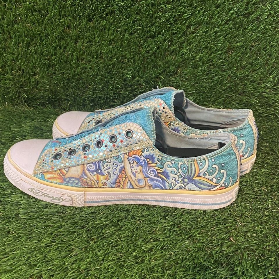 Vtg Ed Hardy Shoes Mermaid Glitter Lowrise Sneaker in Light Blue Sz 10 - Image 3 of 4