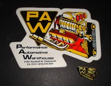 GENUINE 1990s PAW PERFORMANCE AUTOMOTIVE WAREHOUSE DECALS & HAT PINS PLEASE READ