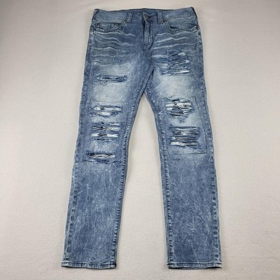 True Religion Rocco Jeans Mens 36x33 Blue Acid Wash Relaxed Skinny Distressed
