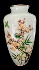 INABA Cloisonné Enamel Light Green Vase & Silver Band Plum Blossoms Birds 10" T