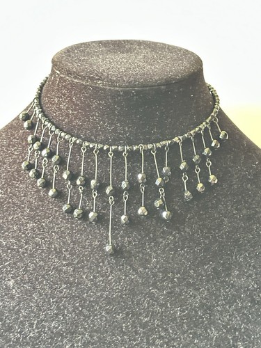 Vintage Black Glass Dangling Waterfall Bib Collar Choker Necklace - Picture 3 of 8