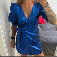 Zara Blue Satin Wrap Mini Dress V-Neck Puff 3/4 Sleeves Tie Waist Size M