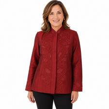Chicos Red Sequin Lined Button Up Suit Jacket Evening Party Blazer sz 1 / M