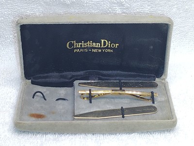 Vintage Christian Dior Tie Pin Gold Tone 3 pieces set Used Authentic w/Case