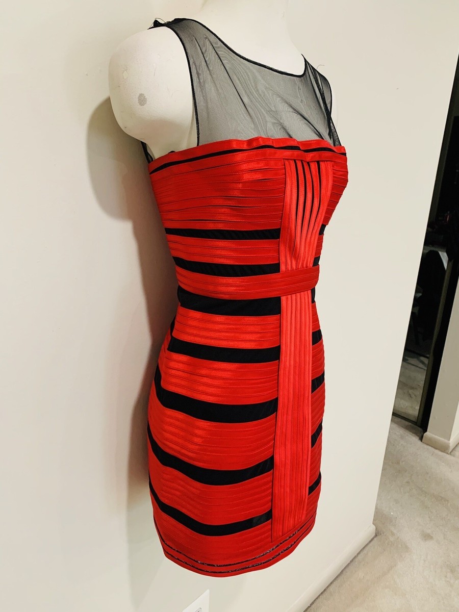 BCBG MAX AZRIA Bright Red Satin Mesh Panel Bandage Dress, size 4