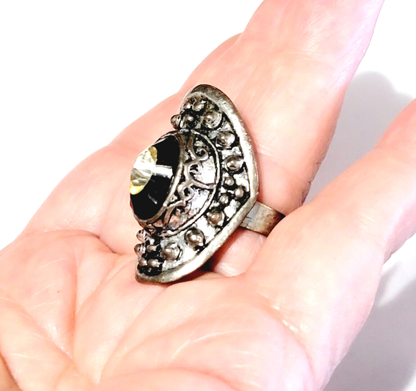 Adjustable Statement Ring, Black Silver Yellow, T… - image 6