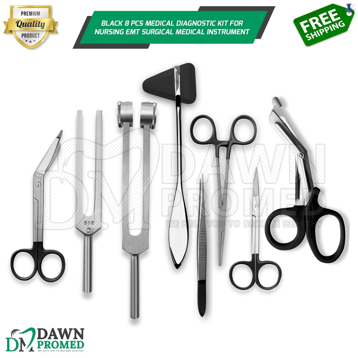 Black 8 Pcs Medical Diagnostic Kit For Nursing EMT Surgical