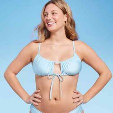 Wild Fable Women's Shirred Cut Out Tie-Front Bralette Bikini Top Blue Small 4-6