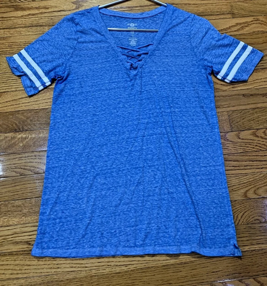 SO Sporty Tee Blue Laced V Neck S S Embellished Knit T Shirt Top