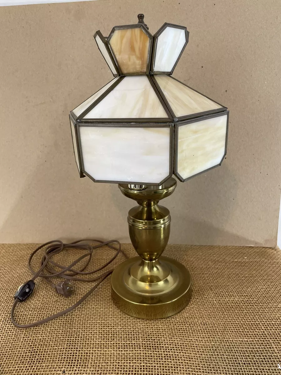 Small Brass Base Tiffany Style Vintage Bed Desk Table Lamp