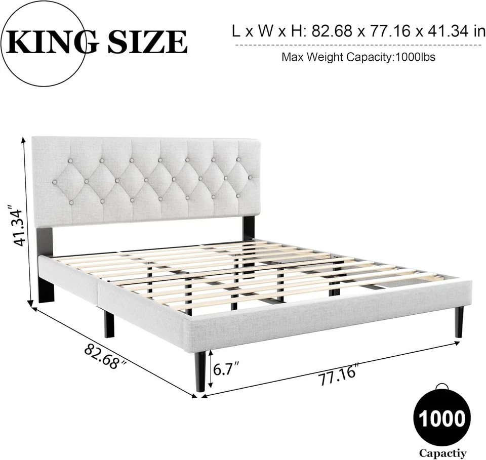 King Size Platform Bed Frame with Upholstered Button Tufted Headboard, Mattress - Image 2 of 4