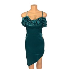 Pearl Culture Emerald Green Satin Ruffle Off Shoulder Cocktail Dress Size 4
