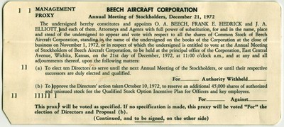Vintage 1972 Beech Aircraft Stockholders Proxy Vote Card Beechcraft Airplane