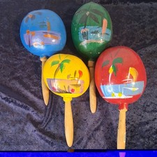 4 Maracas Mexican Goards Wood Handles Hand Painted Folk Art Palm Trees On Water