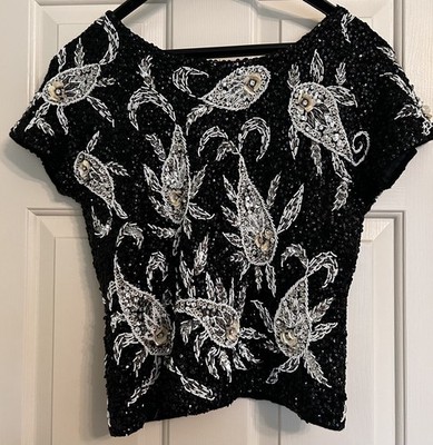 Vintage 50 s 60 s Women s Sweater Forecast Shops May Co Bead Sequin Top EUC