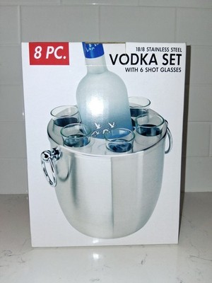 Vodka Alcohol Liquor 18/8 Stainless Steel Ice Bucket Set with 6 Shot Glasses