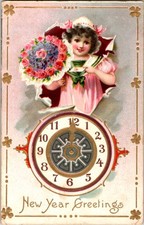 Pre-Linen new year GIRL HOLDING PINK ROSE FLOWERS WITH CLOCK AT MIDNIGHT BJ7215