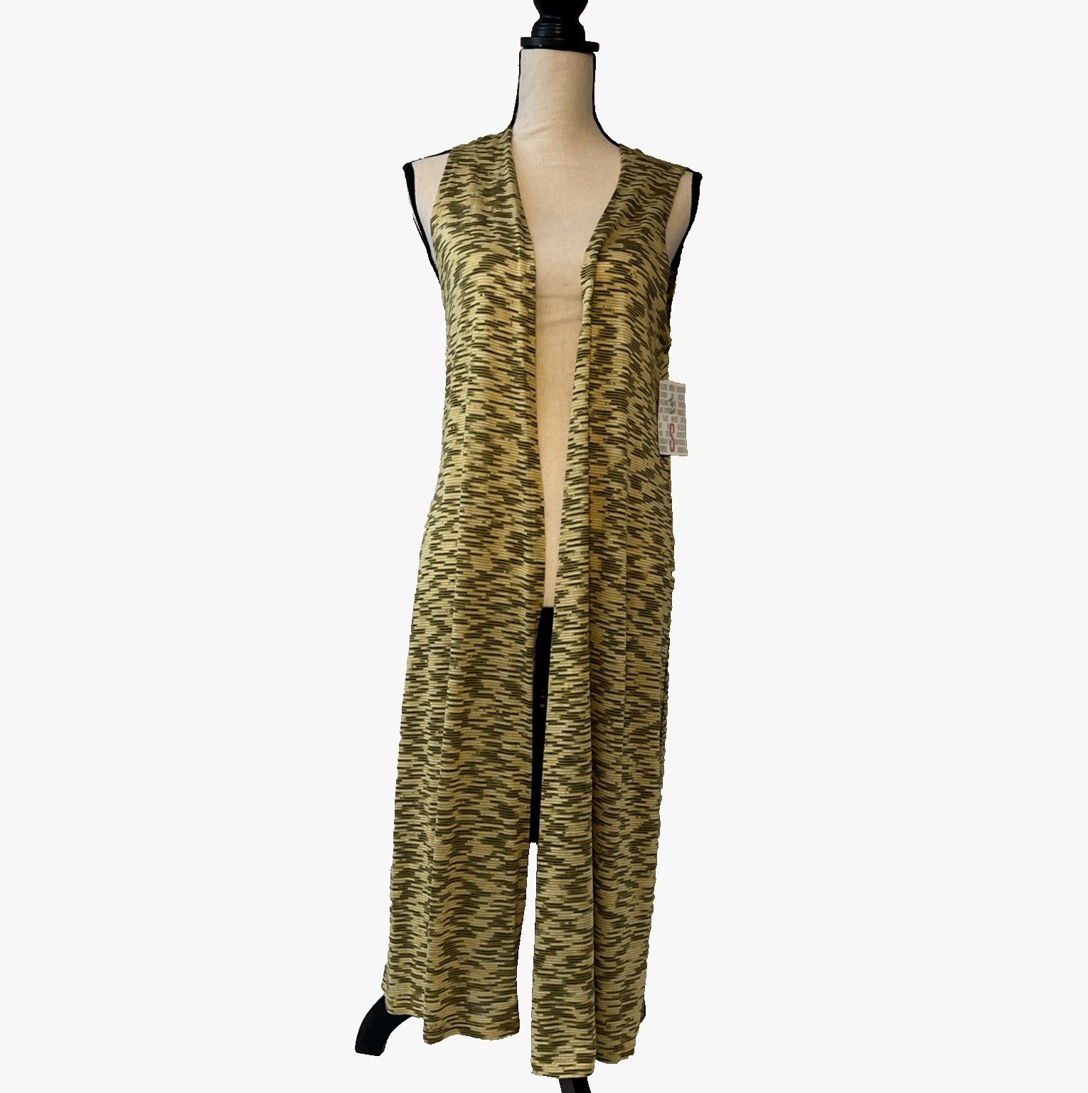 LuLaRoe Women’s Small Joy Printed  Long Vest Duster Stretchy Sweater Gold NWT