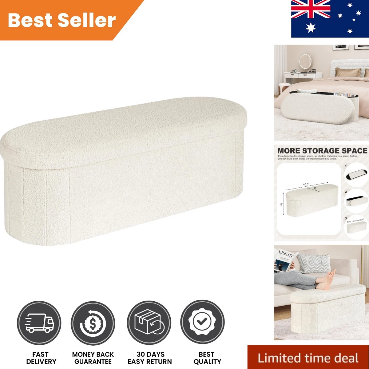 Elegant Cream Boucle Folding Storage Ottoman - Large Hidden Storage & Style