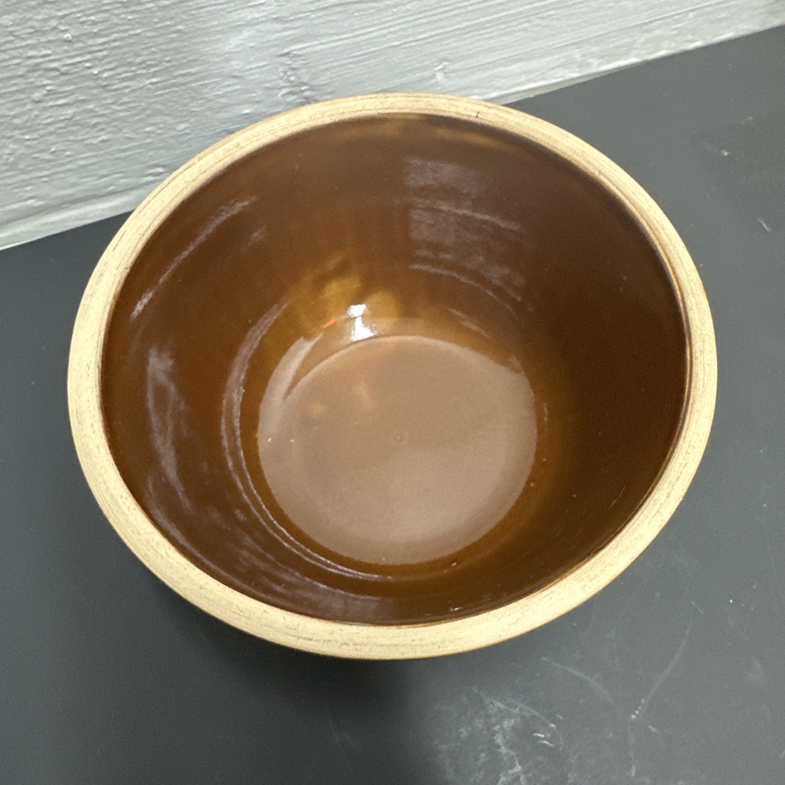 Vintage Over and Back Yellow Ware Brown Glaze Stacking Small Mixing Bowl