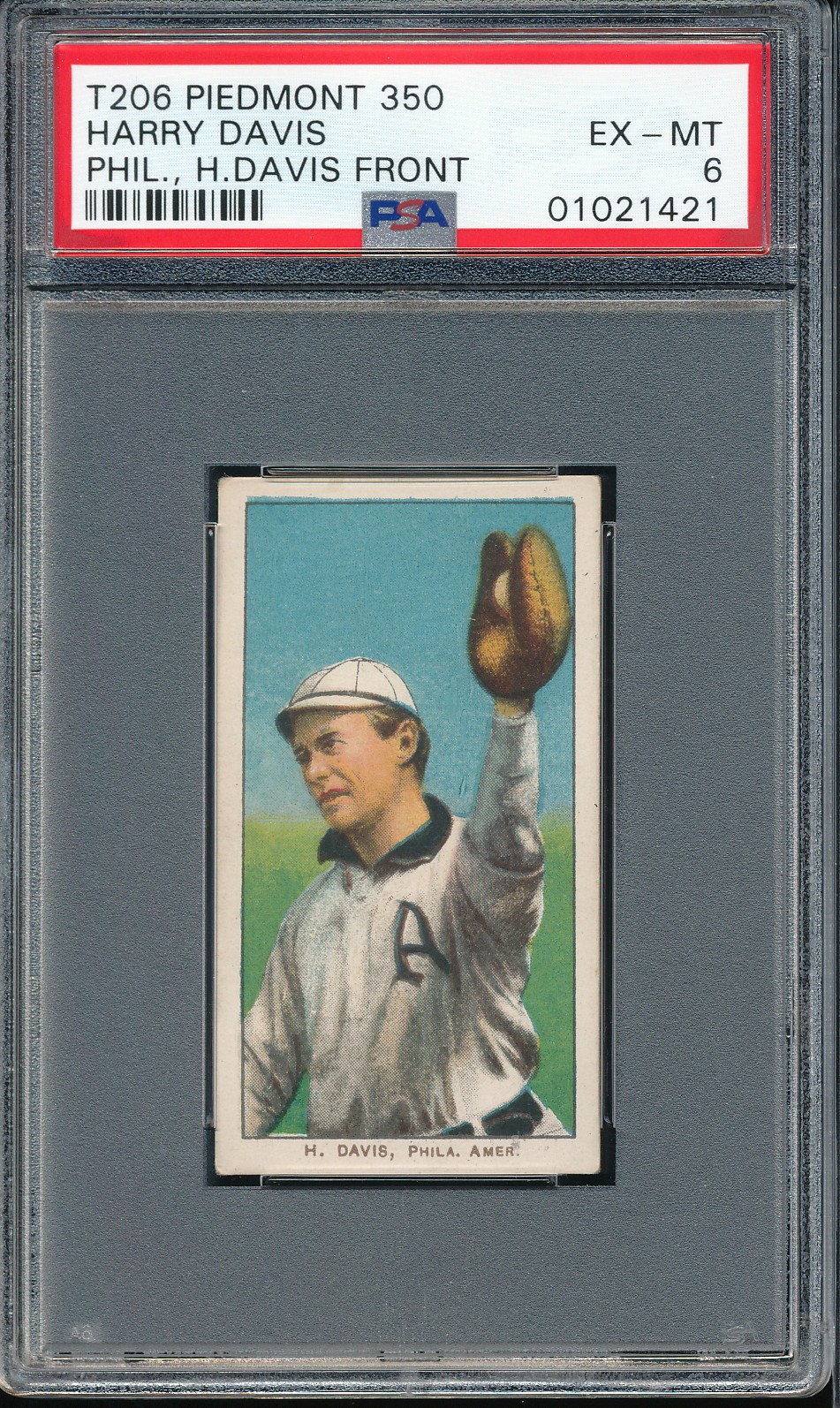 T206 Piedmont 350/25 Harry Davis (H Davis front) PSA 6 - A's - centered