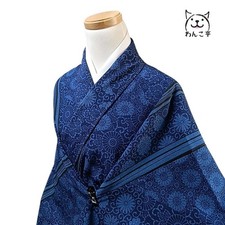 Wankotei Kimono Synthetic Fiber Washable Blue Indigo Used Japan