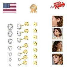 7 Pairs 20G Flat Back Stud Earrings for Women Men Hypoallergenic 14K Gold Pla...
