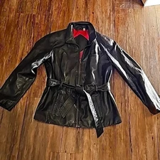 Womens Preston & York Black Leather Trench Moto Jacket Sz Petite Medium