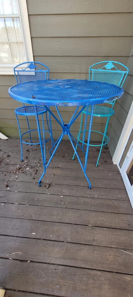 Vintage Painted Wrought Iron 3-Piece Bar Height Bistro Patio Set - Image 2 of 4