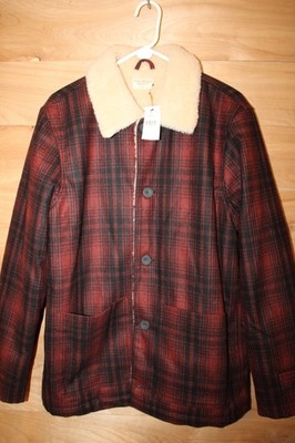 Nudie Jeans Jacket Mangan Lumber Men s L NWT Red Plaid Sherpa Wool Blend