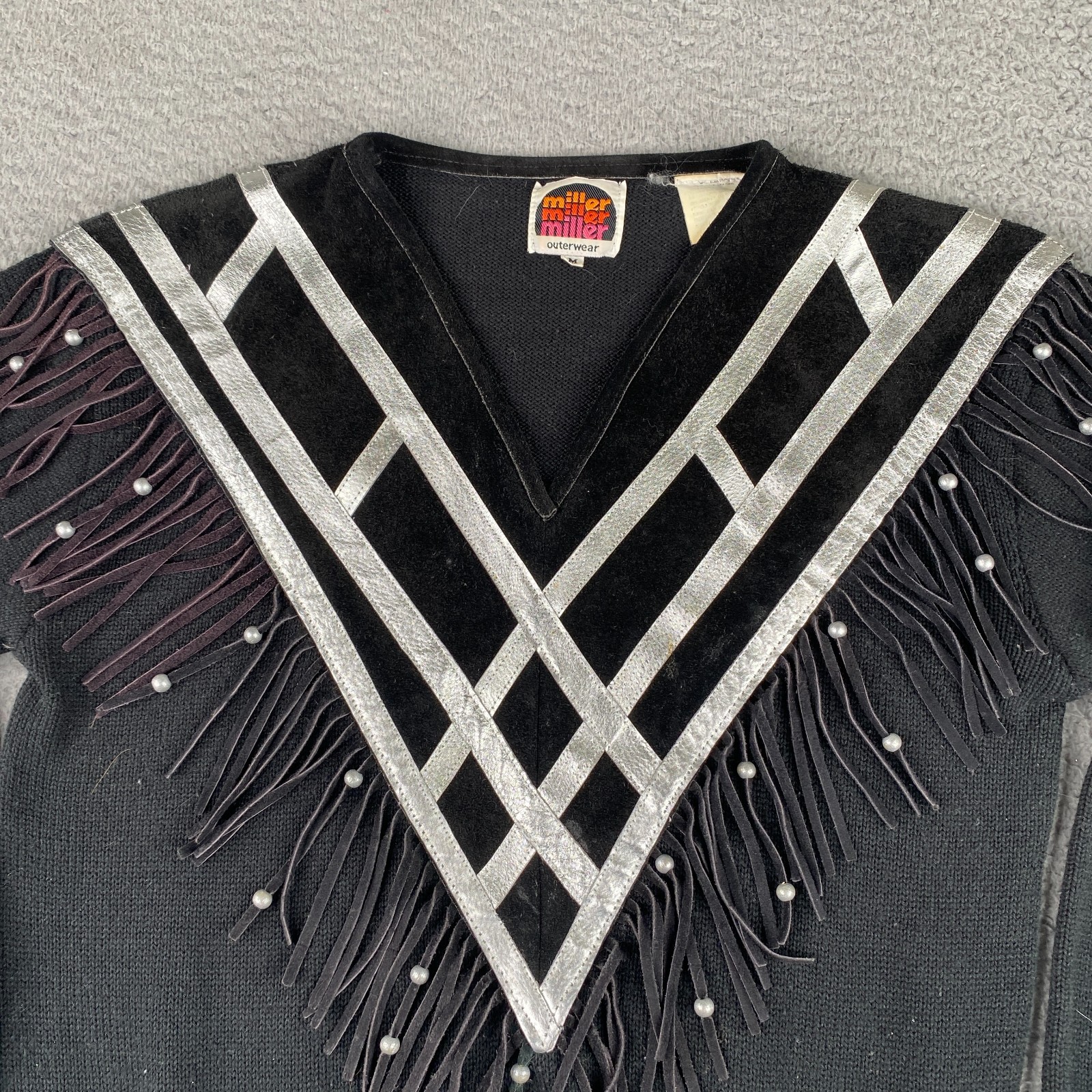 Vintage Miller Outerwear Western Sweater Womens Medium Black Acrylic Knit Fringe