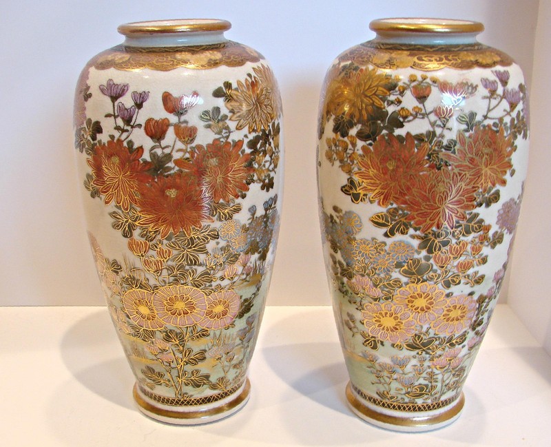 Japanese Pair 7” Satsuma Vases Landscape Water Scene Flying Birds c 1900