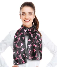 CBC CROWN Breast Cancer Awareness Ribbon Lightweight, Silk-Feeling Scarf 13x60"