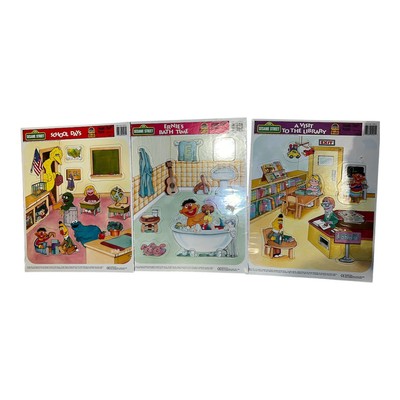 Sesame Street Frame Tray Puzzles 1984 Lot of 3 School Days Library Bath New Vtg