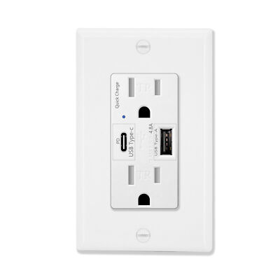 Type C USB Receptacle Outlet Wall 4.8A Quick Charging Tamper Resistant 15A White