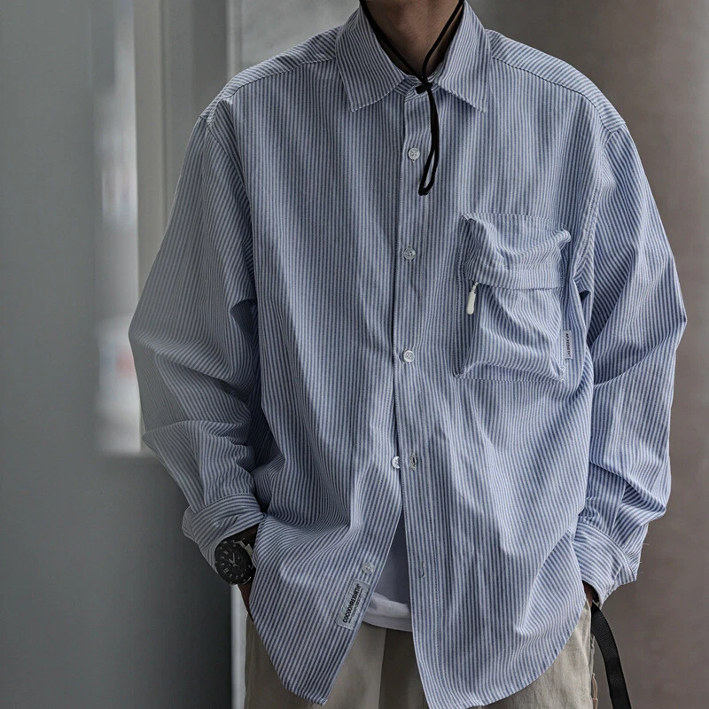Men's Japanese Vintage Striped Shirt Loose Long Sleeve Shirt Street Tops Party