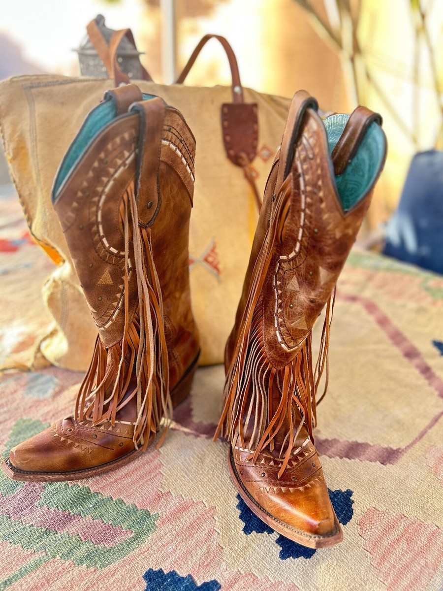 STUNNING Corral VINTAGE SERIES Brown Studded Leather Fringe Cowboy Boots Sz 