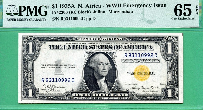 1935A NORTH AFRICA $1 SC - PMG GEM 65 EPQ - Fr 2306 RC block - PMG GEM 65 EPQ