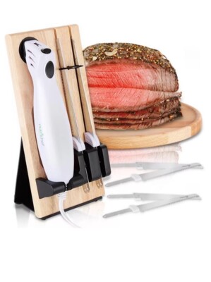NutriChef 2 Blade Serrated Electric Kitchen Knife w/ Butcher Block Storage Tray